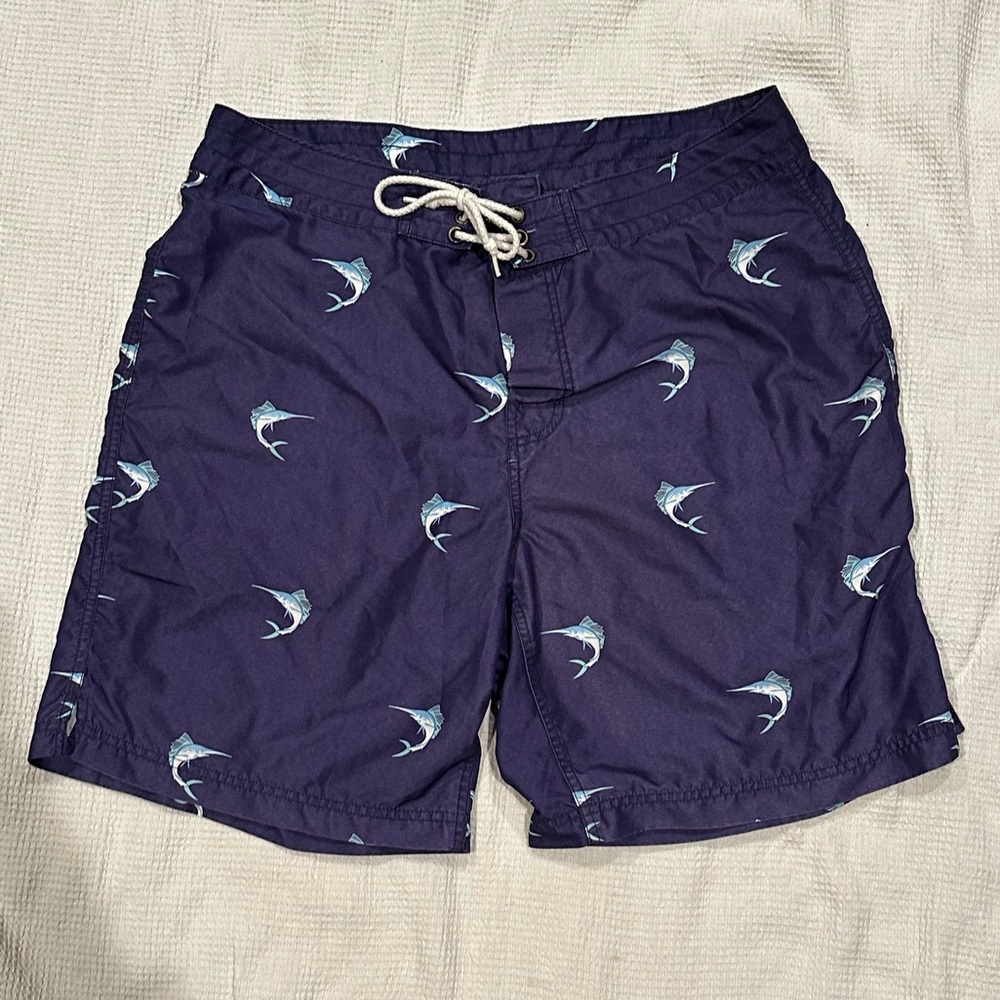 Men's J. Crew Blue Swim Shorts with Marlin Fish Print 34